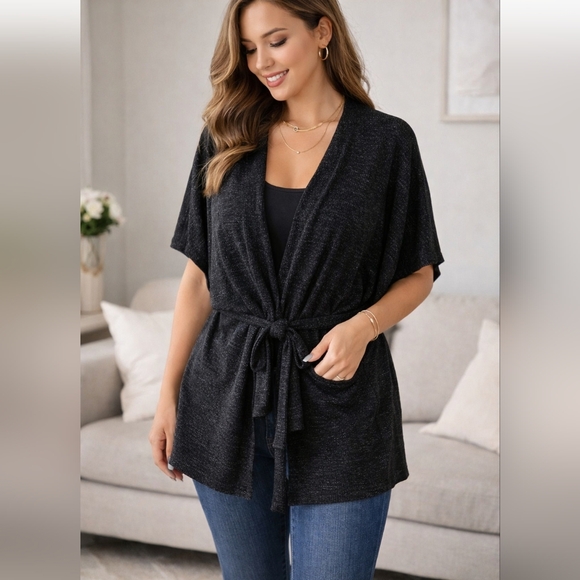 Ces Femme Black Tie Front Kimono Cardigan Size Large Short Sleeve Open Knit - Picture 1 of 10